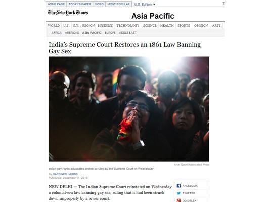 インド 同性愛者の性行為は違憲の最高裁判決